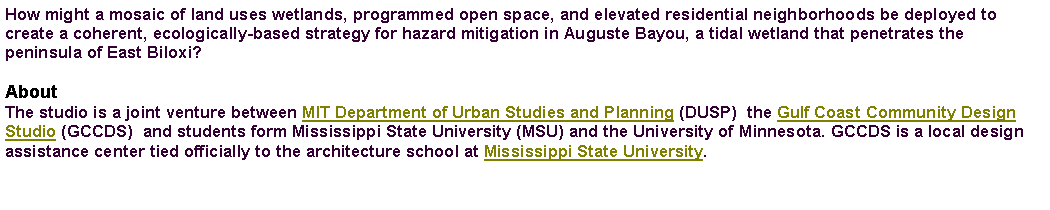 Text Box: How might a mosaic of land uses wetlands, programmed open space, and elevated residential neighborhoods be deployed to create a coherent, ecologically-based strategy for hazard mitigation in Auguste Bayou, a tidal wetland that penetrates the peninsula of East Biloxi?

About 
The studio is a joint venture between MIT Department of Urban Studies and Planning (DUSP)  the Gulf Coast Community Design Studio (GCCDS)  and students form Mississippi State University (MSU) and the University of Minnesota. GCCDS is a local design assistance center tied officially to the architecture school at Mississippi State University. 