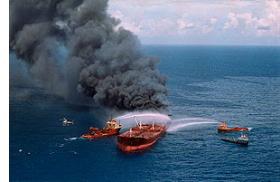 oil tanker burning