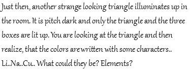 Just then, another strange looking triangle illuminates up in the room. It is pitch dark and only the triangle and the three boxes are lit up. You are looking at the triangle and then realize, that the colors are written with some characters.. Li..Na..Cu.. What could they be? Elements?