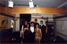 [James, James, Dale, Amal, Rachel, Breath, and Teresa decked out for the Goldfinger party 2001]