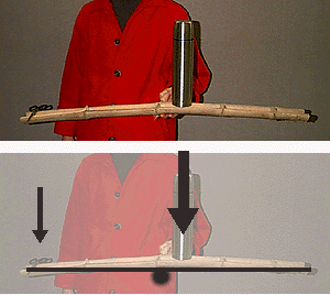 a piece of split bamboo is held in equilibrium in the air with a pair of scissors at one end and a thermos of coffee near the fulcrum and on the opposite side