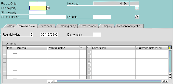 Create project order: item overview