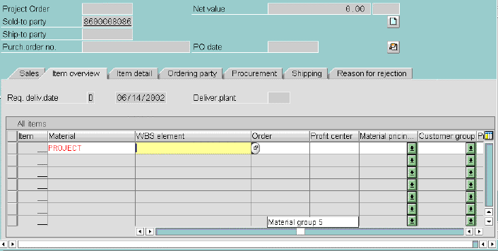 Create project order: item overview - Material