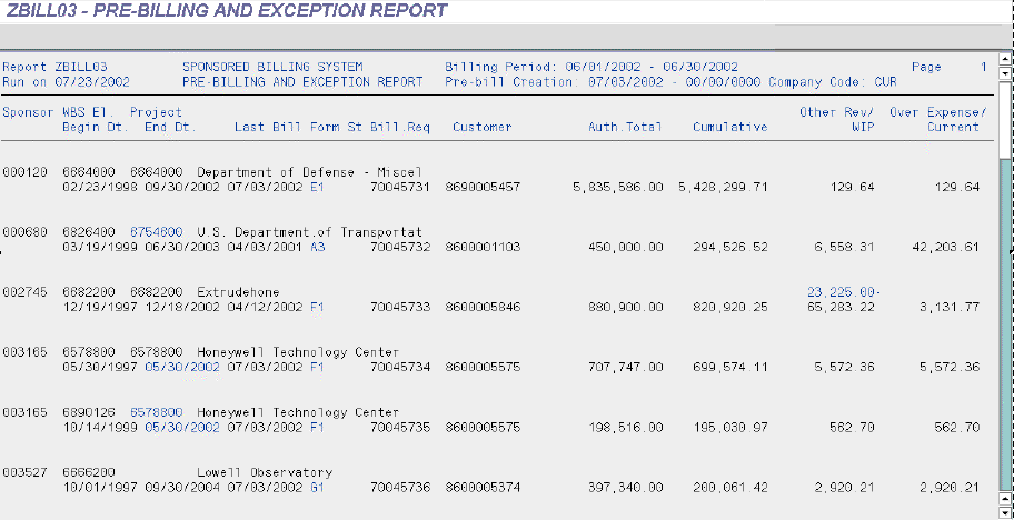 Pre-Billing and Exception Report