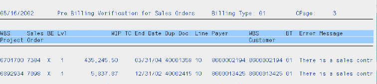 Active projects pre-billing verification: report sample