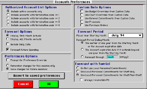 Accounts Preferences screen