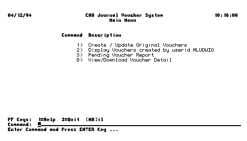 Journal Voucher Main Menu