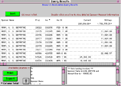 Research Receivables Query Window