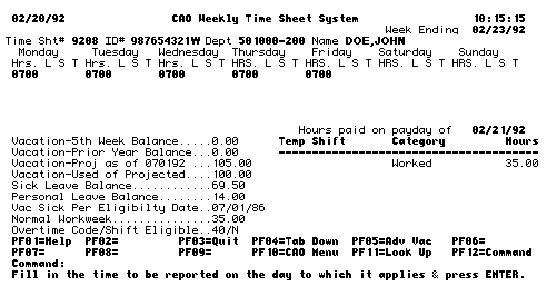 Weekly Time Sheet screen