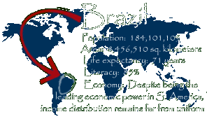 Brazil-  Population:  184,101,109;  Life expectancy:  71 years;  Economy:  Brazil is the leading economic power in South America, but income distribution is far from uniform