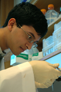 Photo of Undergraduate researching in the lab with pipet in hand