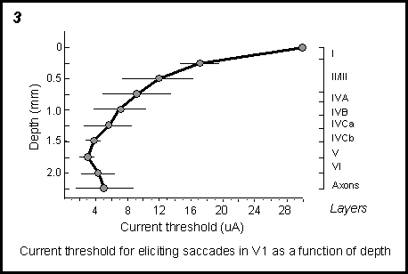 current threshold for eliciting ssaccades in V1 as a function of depth