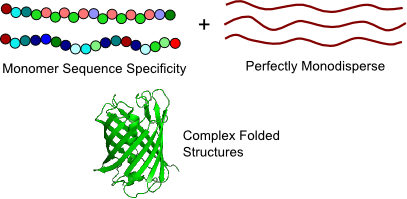 Proteins have specific sequences, are perfectly monodisperse, and fold into complex shapes.