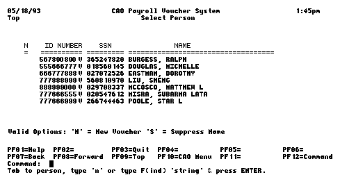 Payroll Voucher System, Select a Person screen