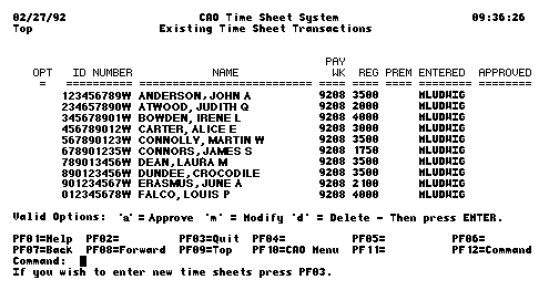 Existing Time Sheets screen
