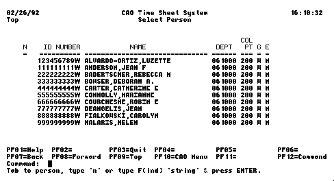 Weekly Time Sheets, Select a Person screen