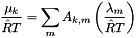 \[ \frac{\mu_k}{\hat R T} = \sum_m A_{k,m} \left(\frac{\lambda_m} {\hat R T}\right) \]