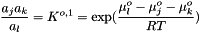 \[ \frac{a_j a_k}{ a_l} = K^{o,1} = \exp(\frac{\mu^o_l - \mu^o_j - \mu^o_k}{R T} ) \]