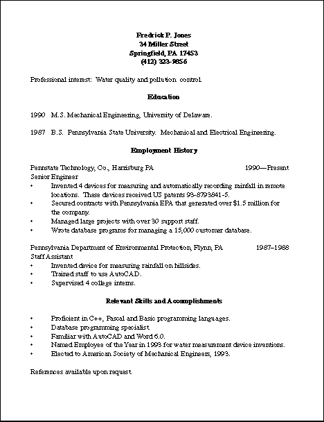 references on resume. Resume of Frederick P. Jones