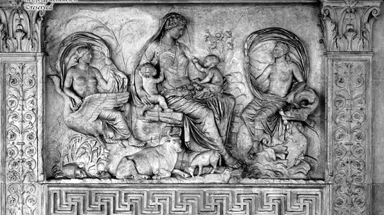 The Eastern Wall of the Ara Pacis Like many other figures of feminine fertility and abundance, the central figure is seated amid abundant vegetation. She is flanked by two companion figures the right left with billowing veils, are seated on a sea ...