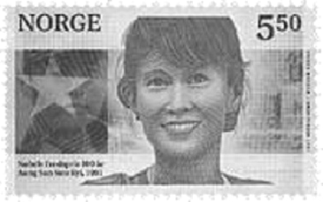 Daw Aung San Suu Kyi featured on a Norwegian stamp honoring Nobel laureates