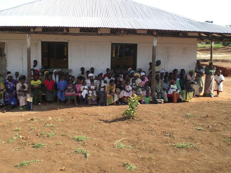 Villagers gathered in front of Engeye Clinic