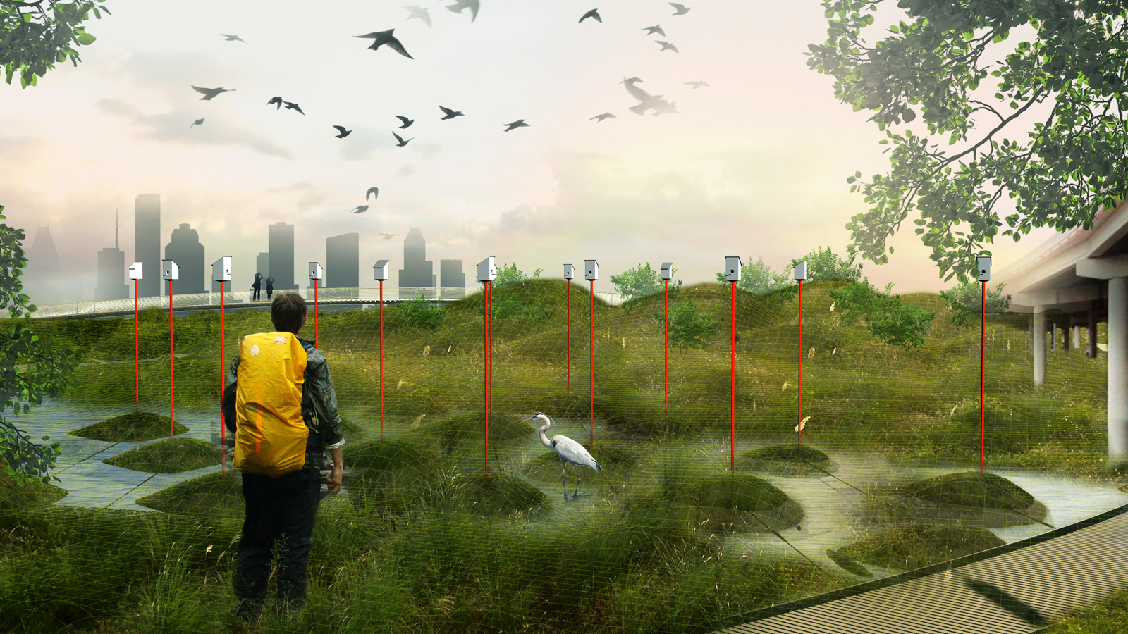 A rendering of Houston with an adjoining engineered wetlands area