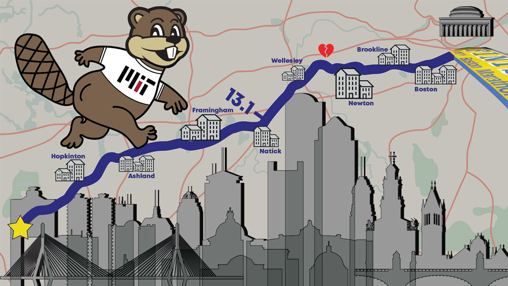 An illustration of Tim, MIT's mascot, running the Boston Marathon course