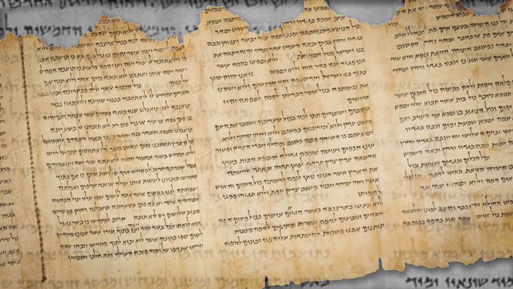 close up of a portion of the dead sea scrolls showing writing on yellowed paper with torn edges