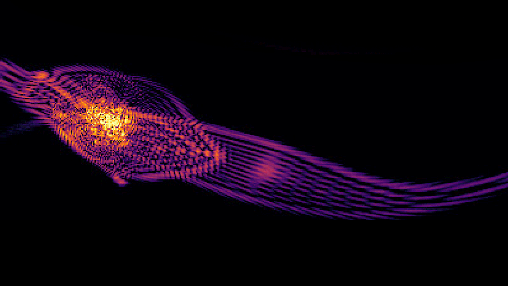 a dark matter simulation showing long purple, pink and gold strands changing shape from long filaments to spherical halos