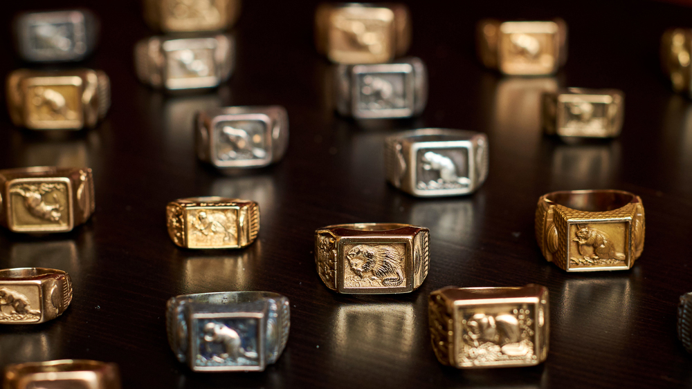 a closeup of many brass rat rings on a table