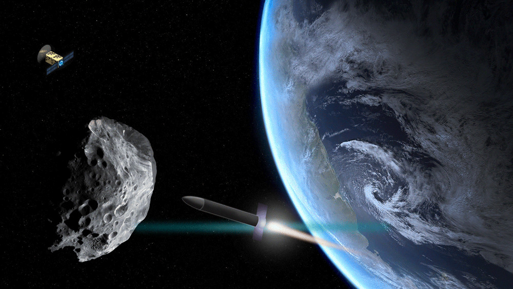 an asteroid orbiting the Earth, is approached by a rocket while being monitored by an orbiting probe