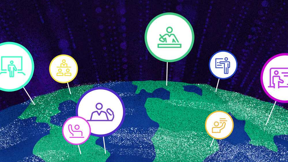 illustration of earth with scattered icons representing research presentations