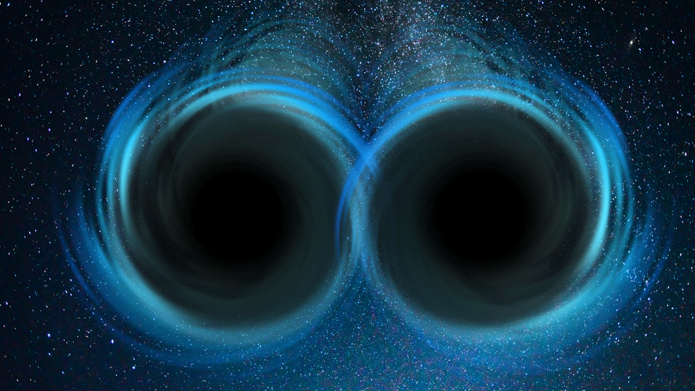 two blackholes spiraling toward each other with flickering stars in the background