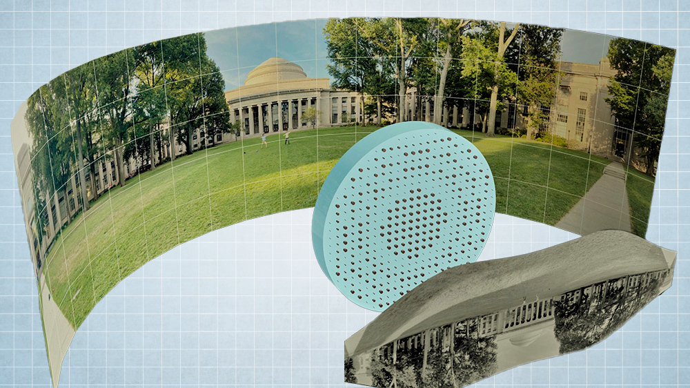 a collage of images showing a photo of Killian Court at MIT made into a panoramic photo using the flat fisheye lens