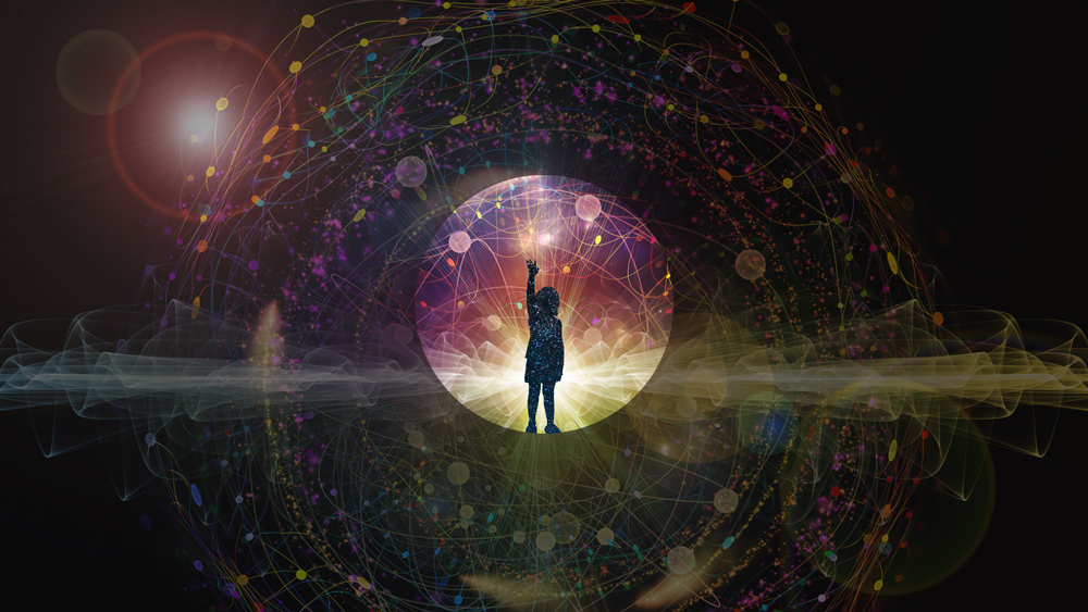 A child standing in a surreal galaxy