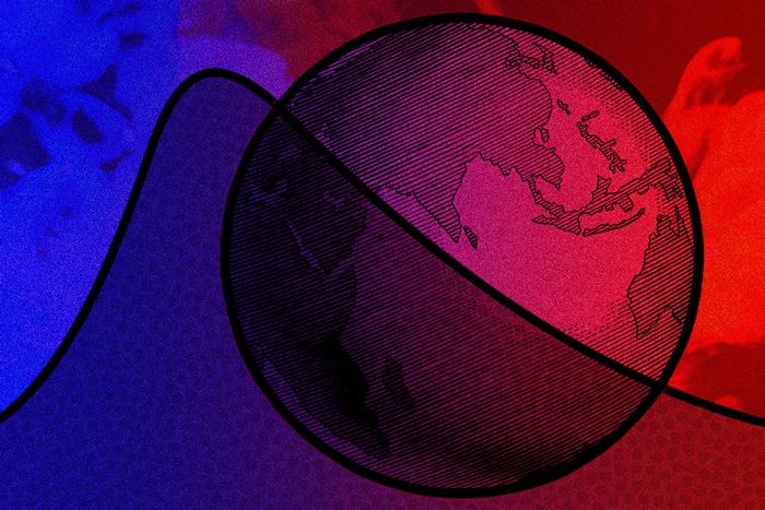 illustration showing blue-to-red curve superimposed with globe