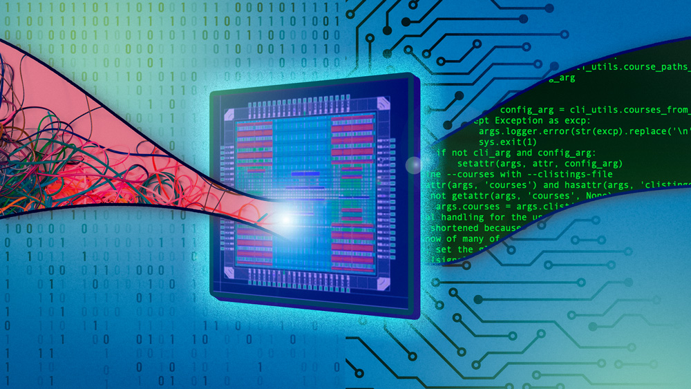 Illustration showing a new chip decoding a stream of data flowing through it