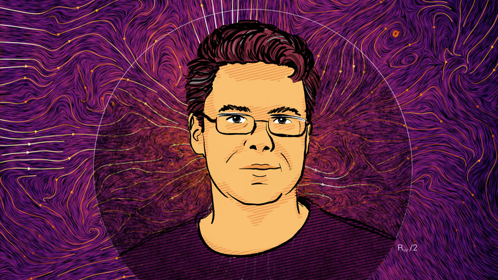 Portrait illustration of Mark Vogelsberger, in orange and purple, with a background graphic showing the topology of halo-scale gas flows around a single TNG50 system. 