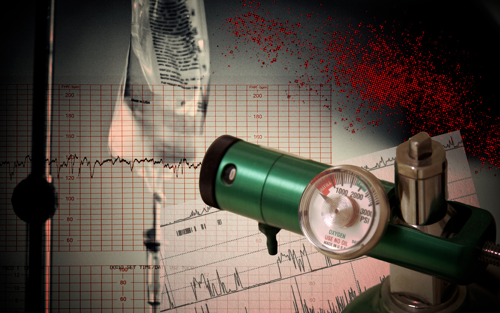 a collage of images including an oxygen tank, and IV fluids