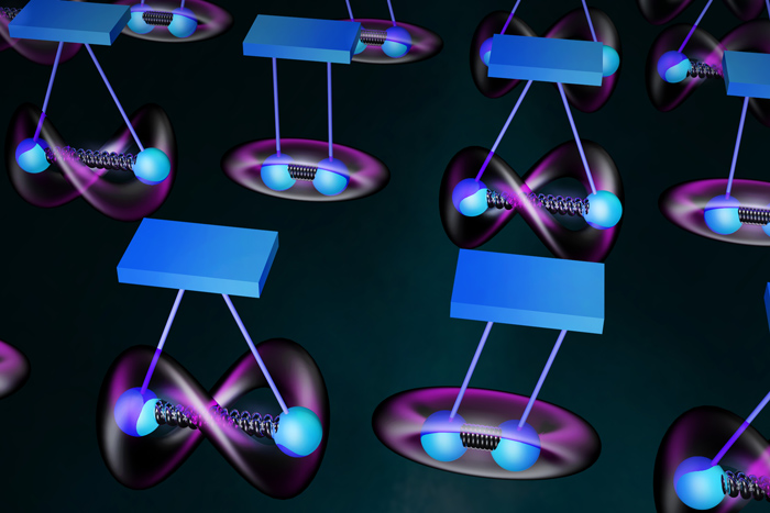 Illustration showing pairs of vibrating qubits in blue and purple