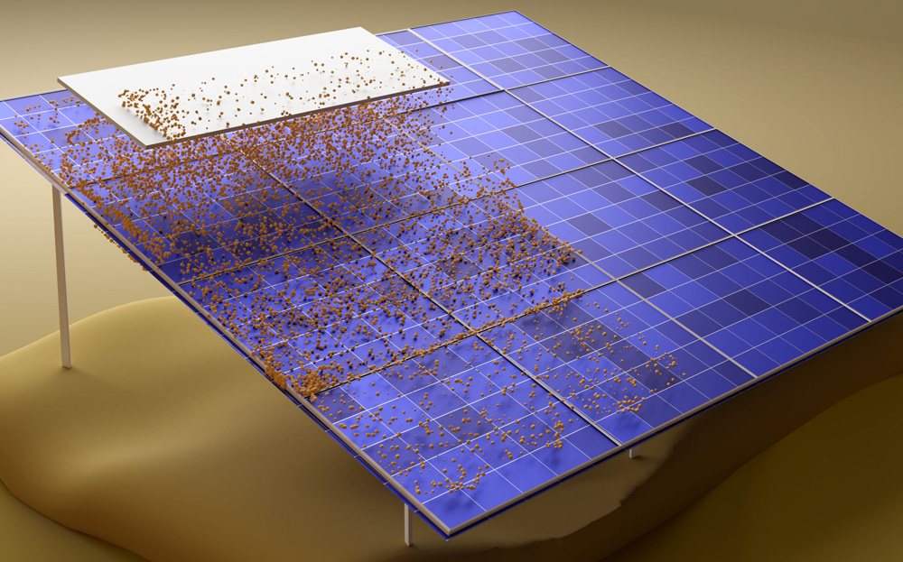 3D illustration showing a solor panel with lots of dust and dirt on it, some levitating due to a rectangular device