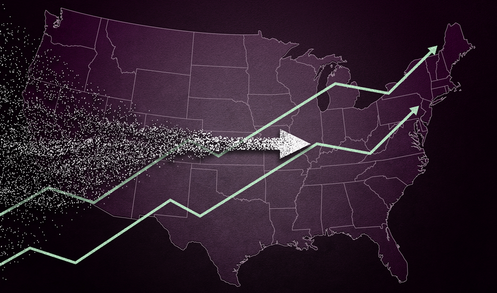 a drawing of the United States with arrows moving in an upward direction