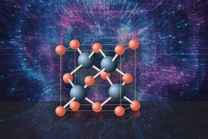A rendering of cubic boron arsenide against a colorful background