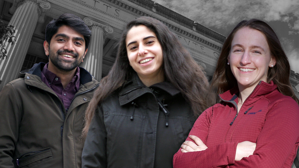 collage showing three grad students in front of the stone columns at MIT