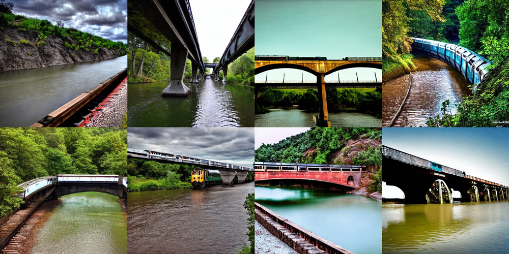 Eight AI-generated images show the phrases, “a train on a bridge" and "a river under the bridge.”