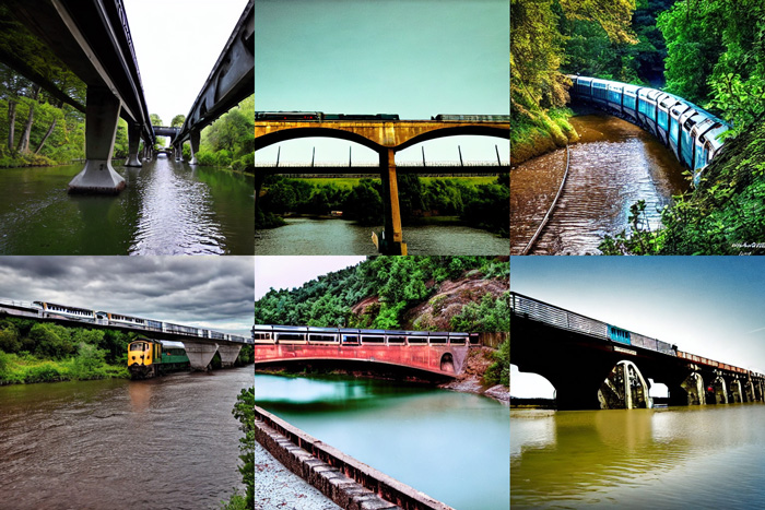 Six AI-generated images show the phrases, “a train on a bridge" and "a river under the bridge.”