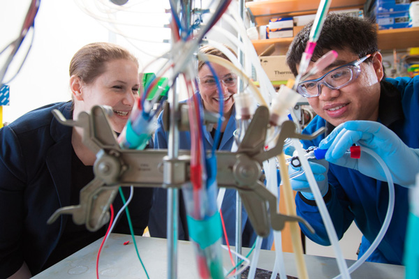 Ariel Furst with 2 students looking a piece of lab equipment with many tubes