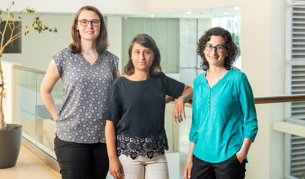 Gabrieli lab researchers Annie Cardinaux (left), Anila D’Mello (center), and Cindy Li (right)
