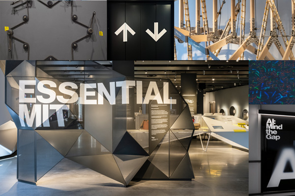 Photo collage of scenes from the new MIT Museum, including signs that say "Essential MIT" and "AI." The kinetic sculptures of Arthur Ganson are shown, one shaped like a star and another with vertical wooden slats.